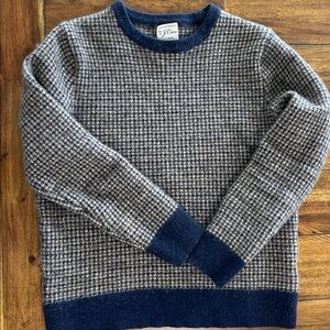 J Crew Rugged Merino Houndstooth Jacquard Crew Neck Sweater Size M Tan Blue Wool
